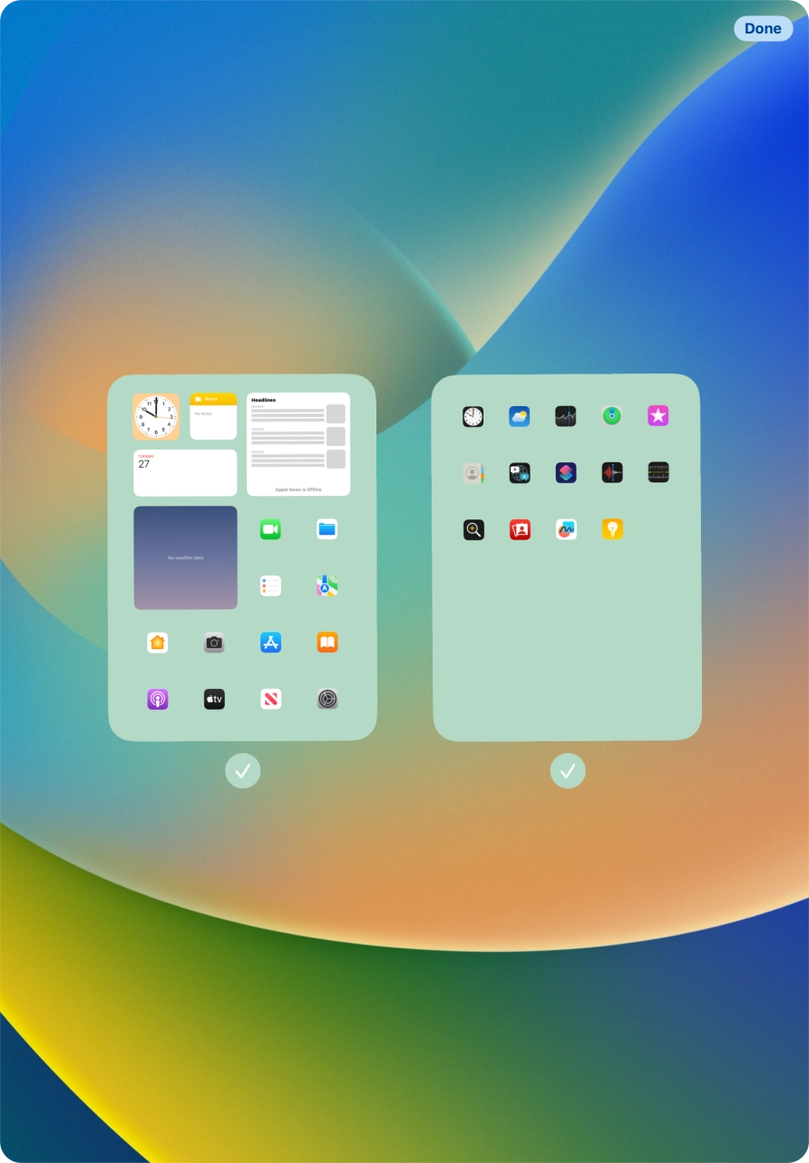 Press the fields below the required home screens to select or deselect them.