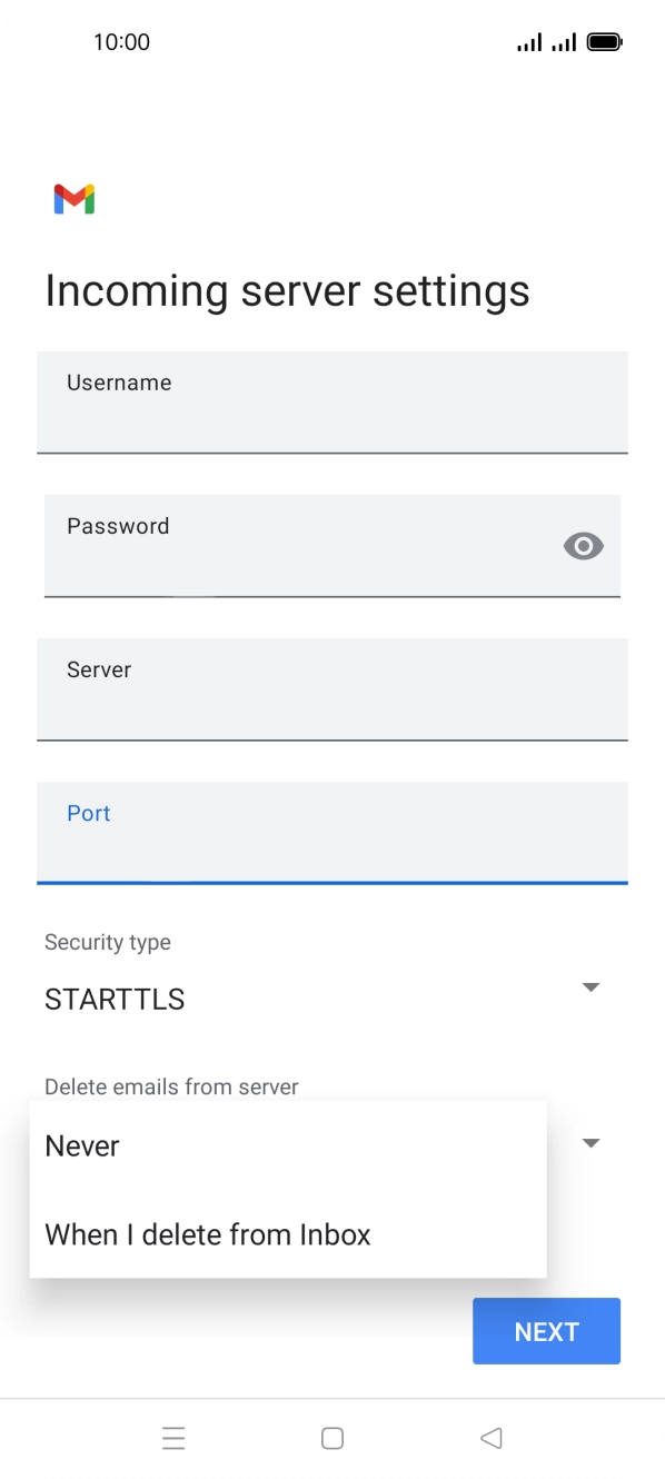 Press Never to keep emails on the server when you delete them on your phone. Press Never to keep emails on the server when you delete them on your phone.