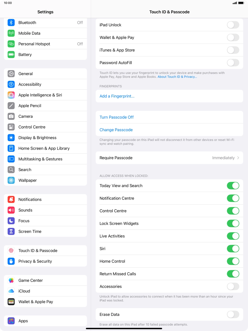 Press the indicator next to 'Erase Data' to turn the function on or off.