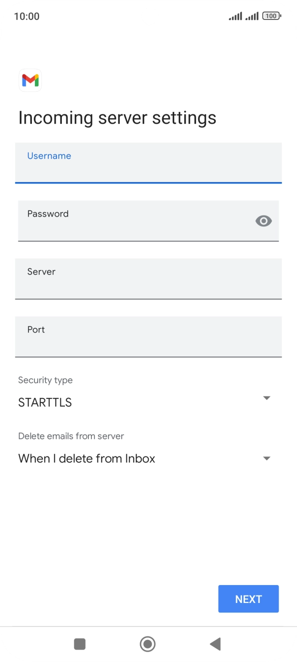 Press the field below 'Server' and key in the name of your email provider's incoming server.