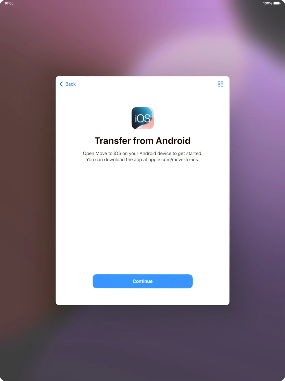 To transfer content to your tablet, you need to install the app 'Move to iOS' on the Android device. When the app is installed, press Continue.
