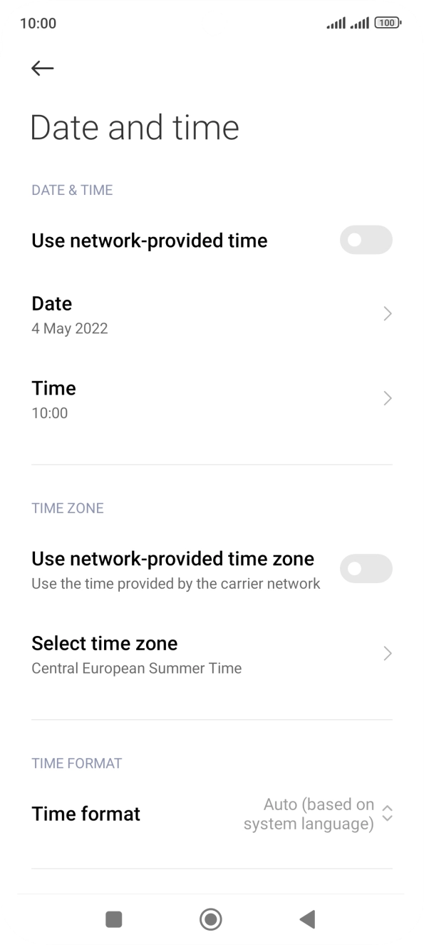 Press the indicator next to 'Use network-provided time' to turn on the function.