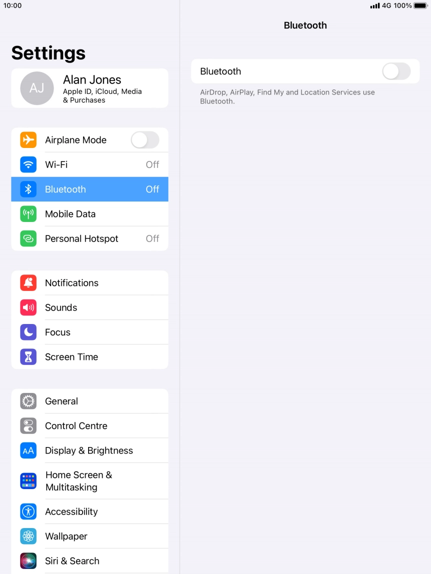 Press the indicator next to 'Bluetooth' to turn on the function.