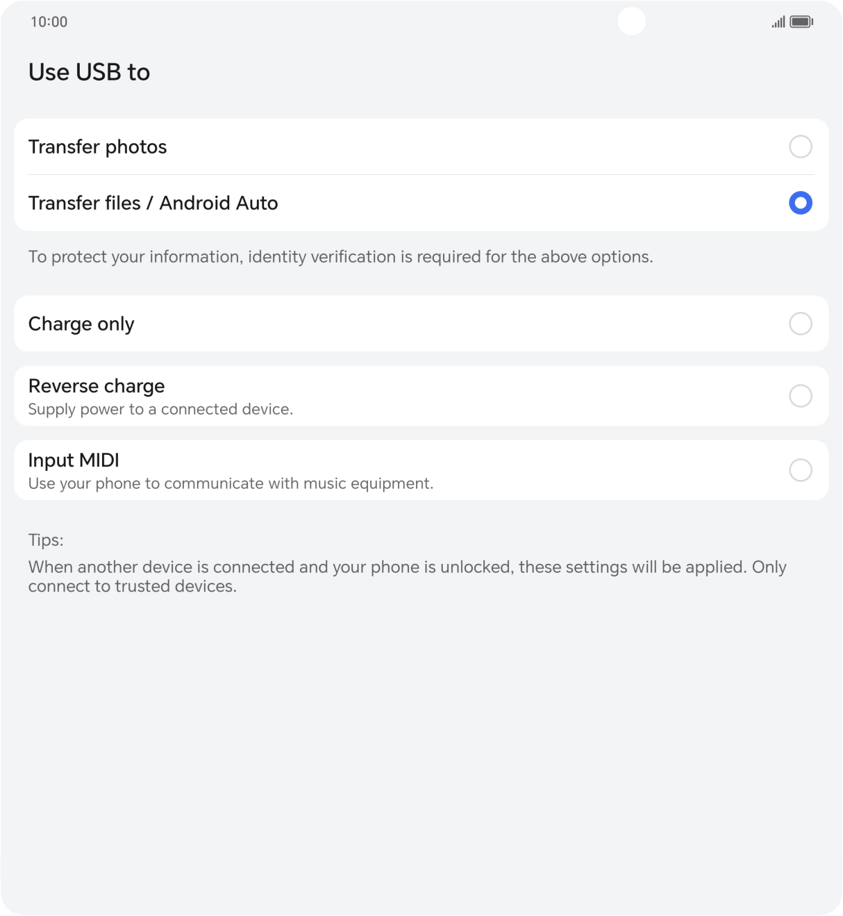 Press Transfer files / Android Auto.