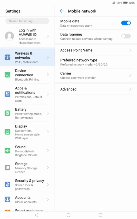 Press the indicator next to 'Data roaming' to turn the function on or off.
