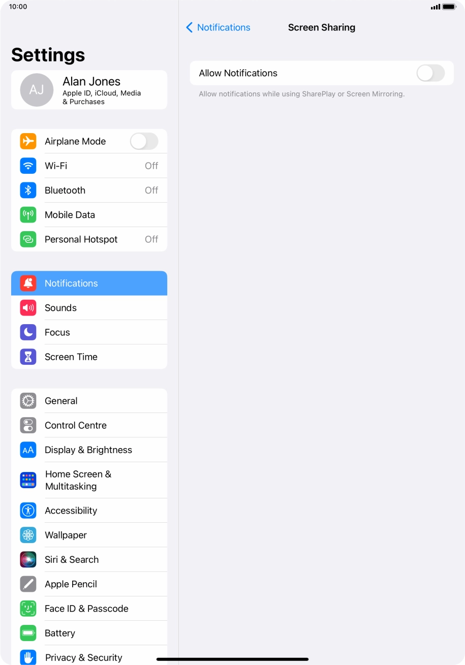 Press the indicator next to 'Allow Notifications' to turn the function on or off. Press the indicator next to 'Allow Notifications' to turn the function on or off.