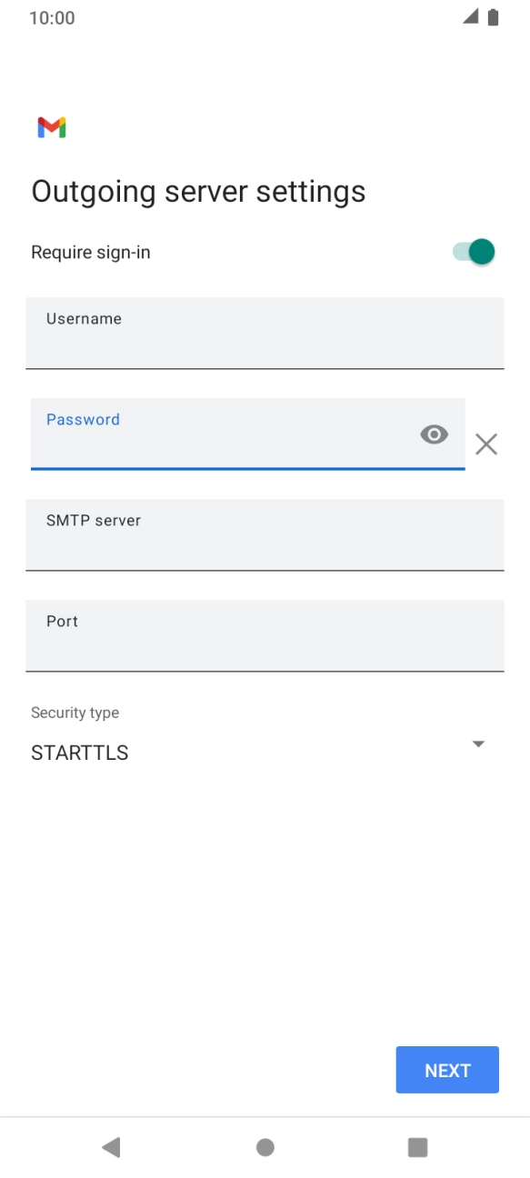 Press the field below 'SMTP server' and key in the name of your email provider's outgoing server. Press the field below 'SMTP server' and key in the name of your email provider's outgoing server.