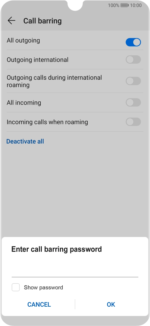 Key in your barring password and press OK.