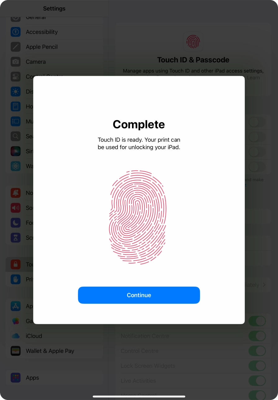 Press Continue. If you haven't previously selected a lock code, key in a code of your own choice twice.