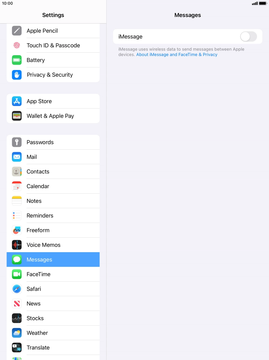Press the indicator next to 'iMessage' to turn on the function.