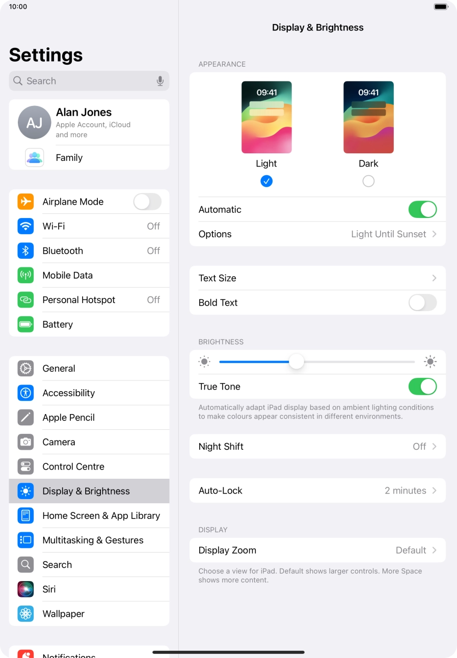 If you turn on the function, press Options and follow the instructions on the screen to select the required period of time for Dark Mode.