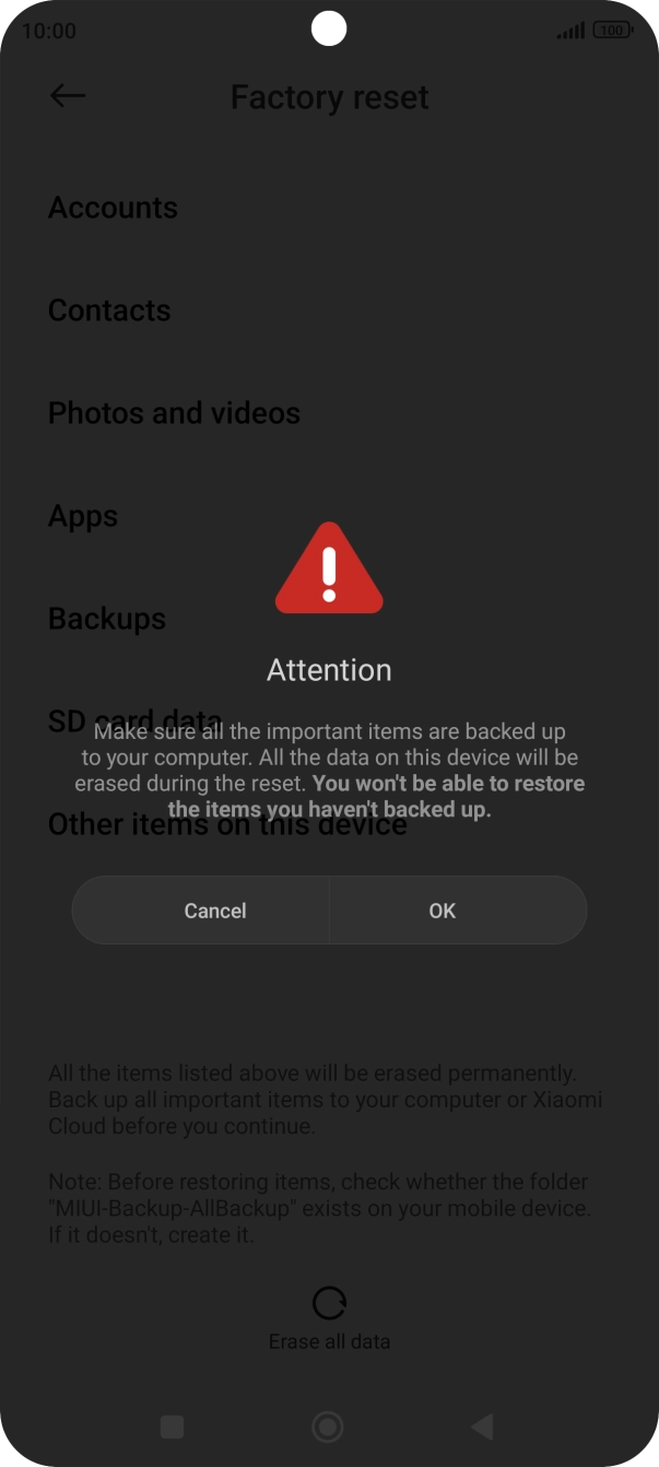 Press OK. Wait a moment while the factory default settings are restored. Follow the instructions on the screen to set up your phone and prepare it for use.