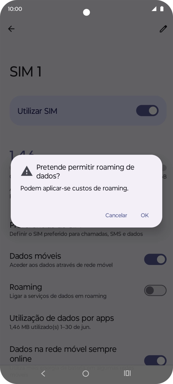 Para ativar o roaming de dados, prima OK.
