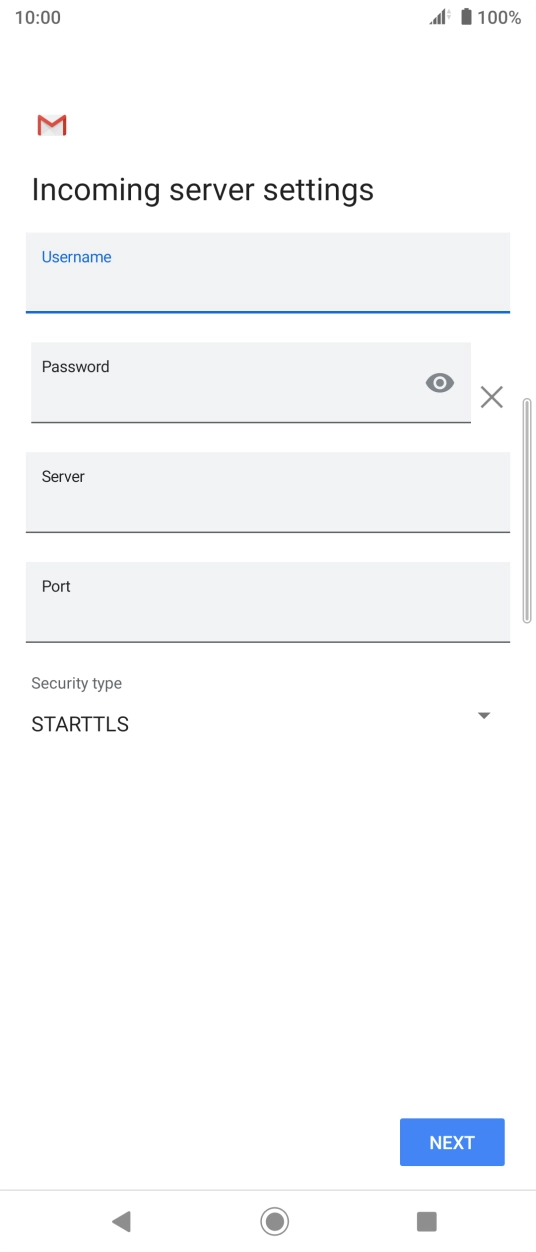 Press the field below 'Server' and key in the name of your email provider's incoming server. Press the field below 'Server' and key in the name of your email provider's incoming server.