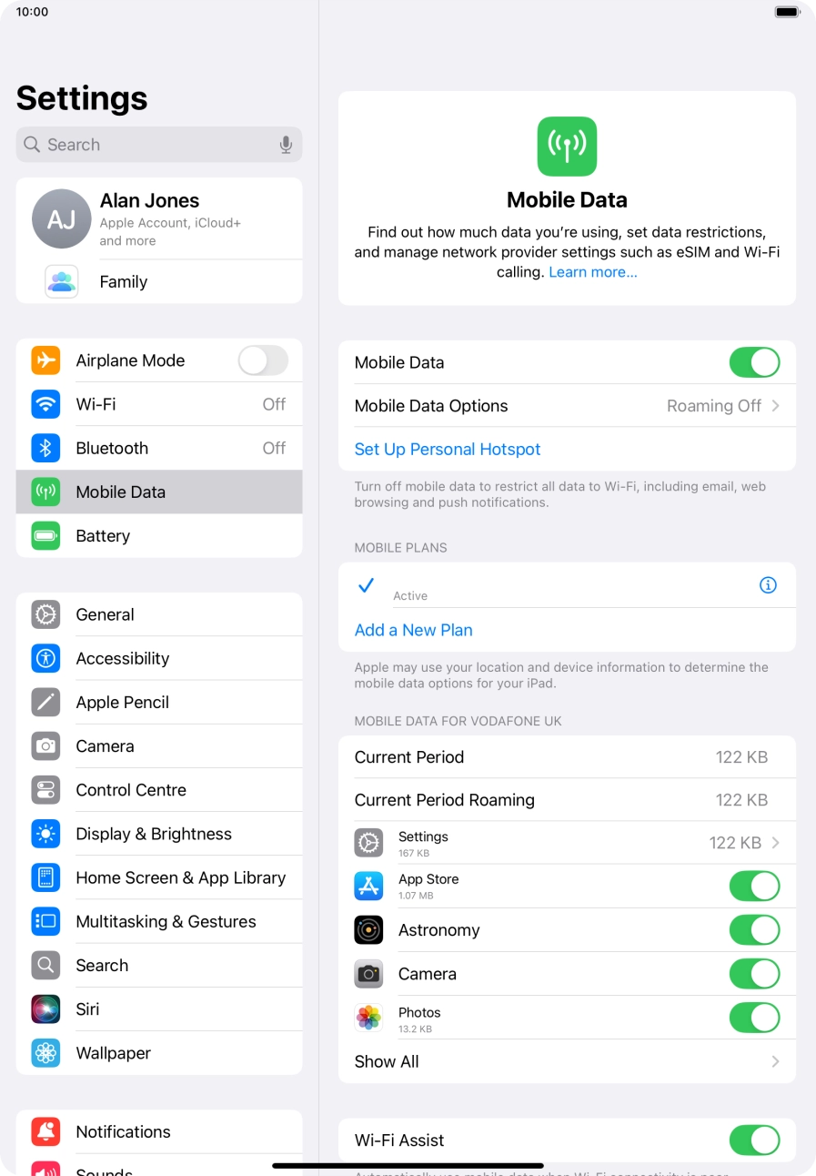 Press the indicator next to 'Mobile Data' to turn the function on or off. Press the indicator next to 'Mobile Data' to turn the function on or off.