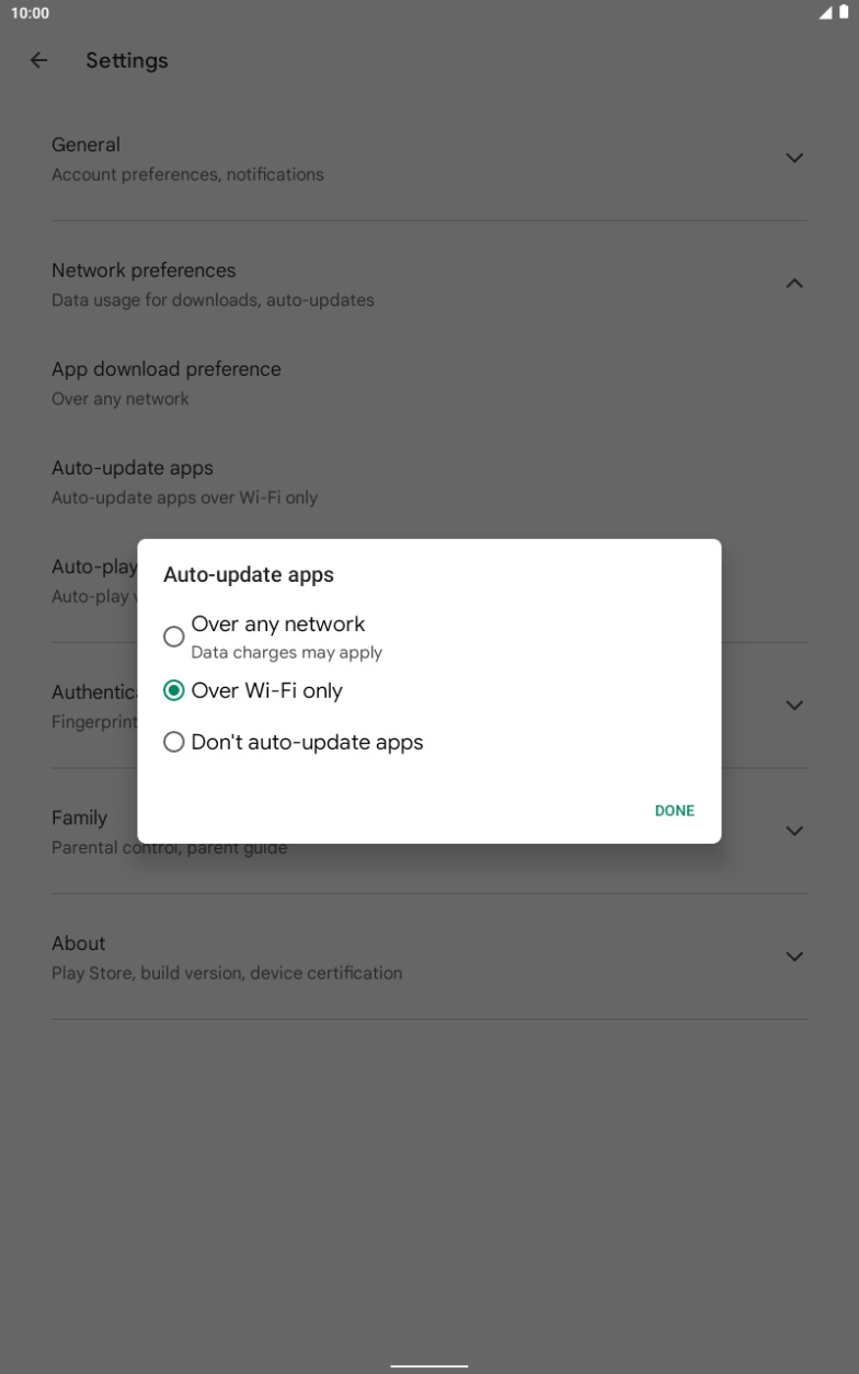 To turn on automatic update of apps using mobile network, press Over any network.