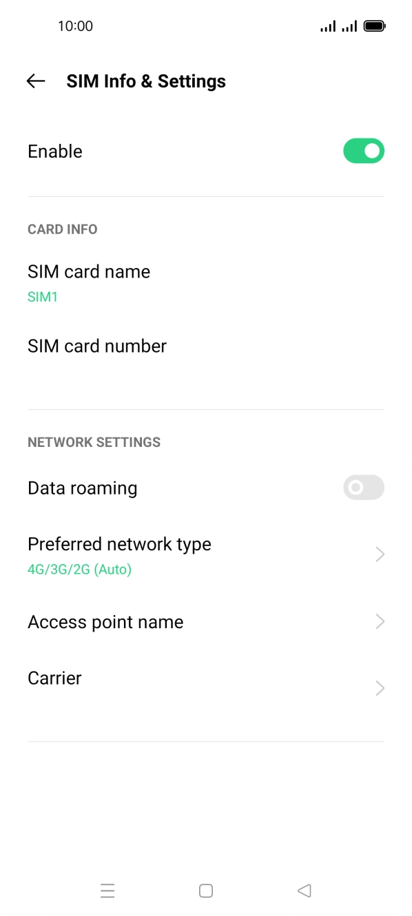 Press the indicator below 'SIM Info & Settings' to turn use of the SIM on or off.