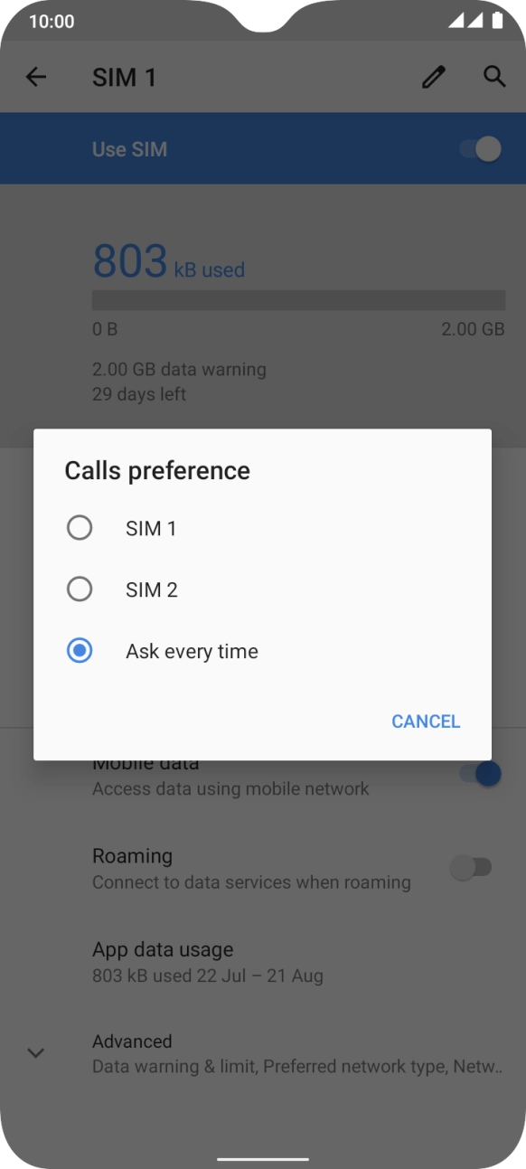 Press the required setting.