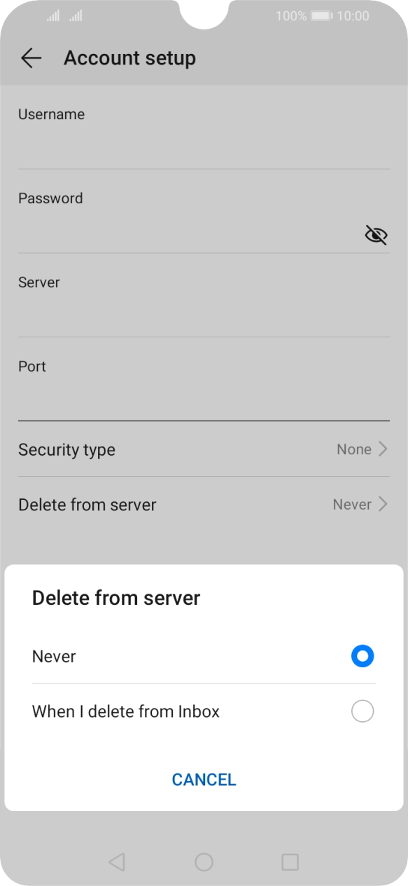 Press Never to keep emails on the server when you delete them on your phone. Press Never to keep emails on the server when you delete them on your phone.