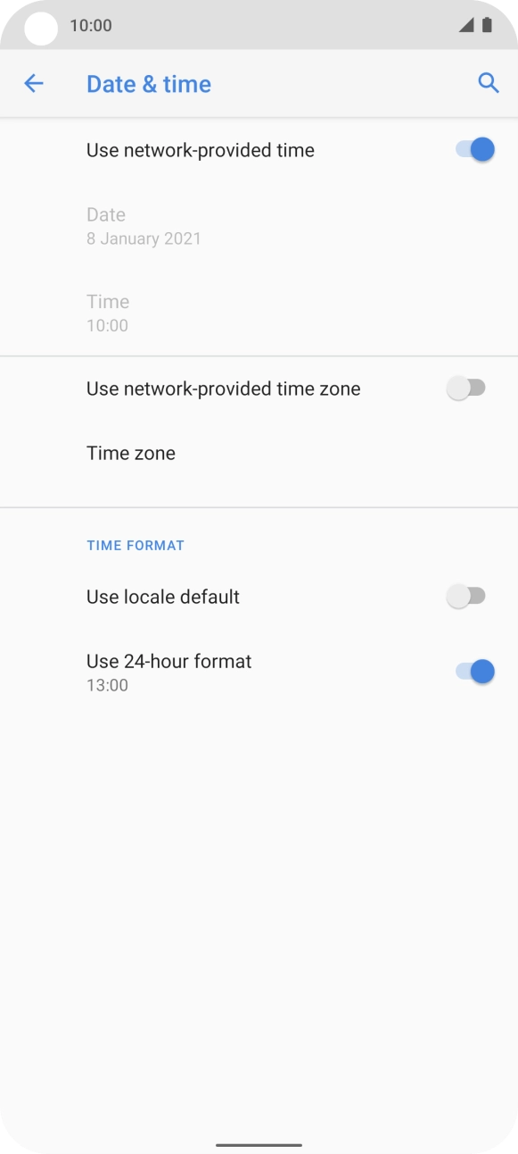Press the indicator next to 'Use network-provided time zone' to turn on the function.