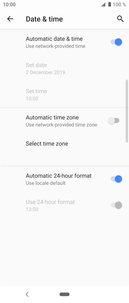 Press the indicator next to 'Automatic time zone' to turn on the function.