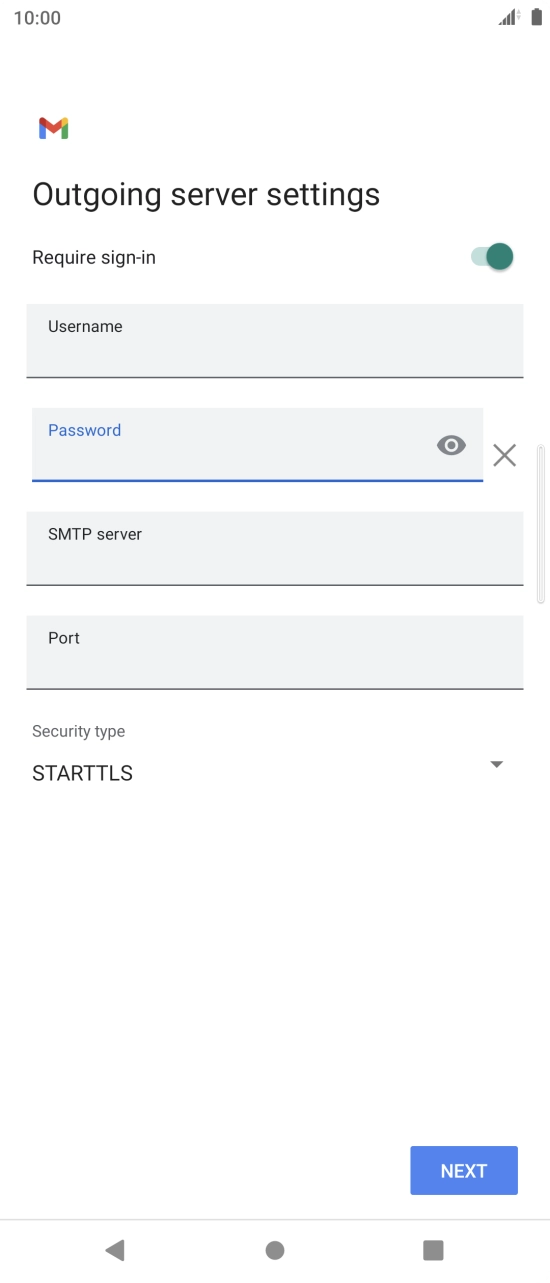 Press the field below 'SMTP server' and key in the name of your email provider's outgoing server. Press the field below 'SMTP server' and key in the name of your email provider's outgoing server.