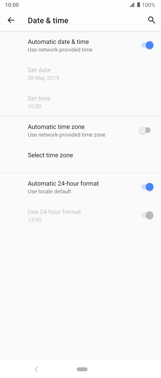 Press the indicator next to 'Automatic time zone' to turn on the function.