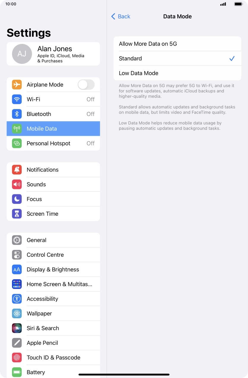 Press the required setting to turn the function on or off.