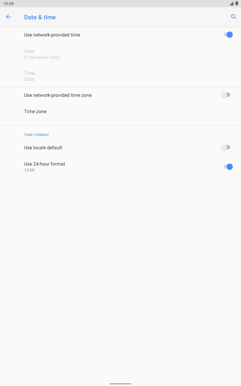 Press the indicator next to 'Use network-provided time zone' to turn on the function.
