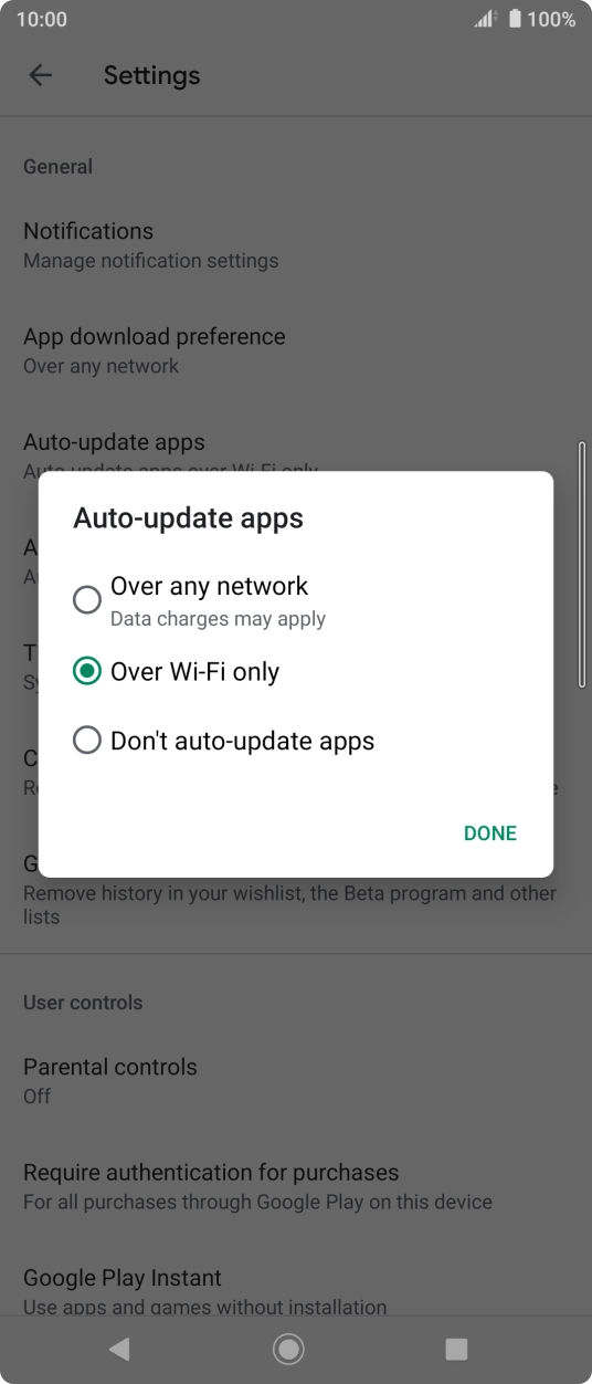 To turn on automatic update of apps using mobile network, press Over any network.