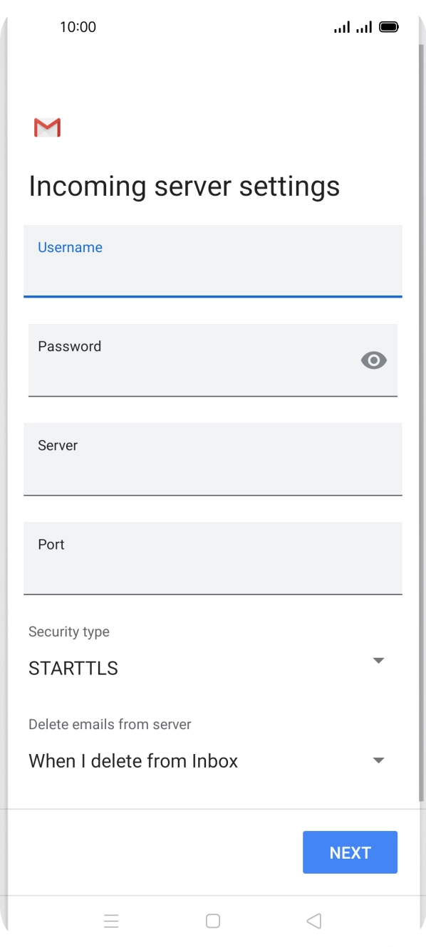 Press the field below 'Server' and key in the name of your email provider's incoming server. Press the field below 'Server' and key in the name of your email provider's incoming server.