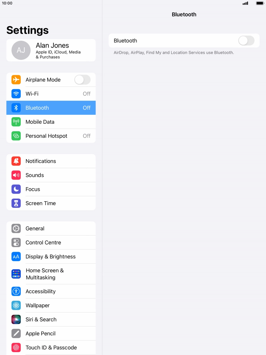 Press the indicator next to 'Bluetooth' to turn on the function.
