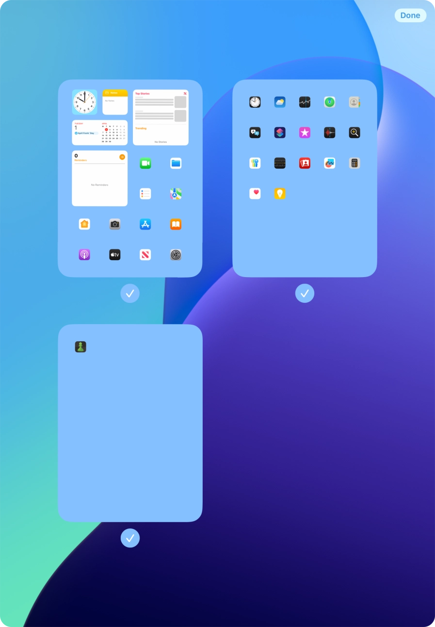 Press the field below the required home screen pages to select or deselect them. Press the field below the required home screen pages to select or deselect them.