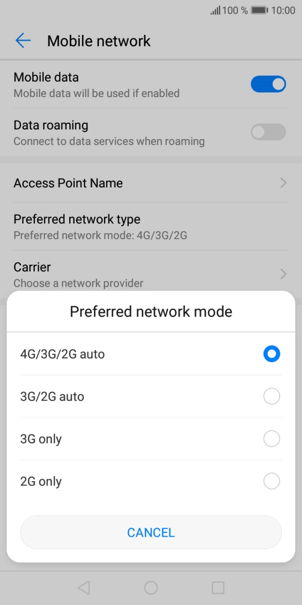 Press the required network mode.