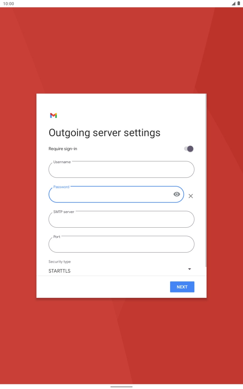 Press the field below 'SMTP server' and key in the name of your email provider's outgoing server. Press the field below 'SMTP server' and key in the name of your email provider's outgoing server.