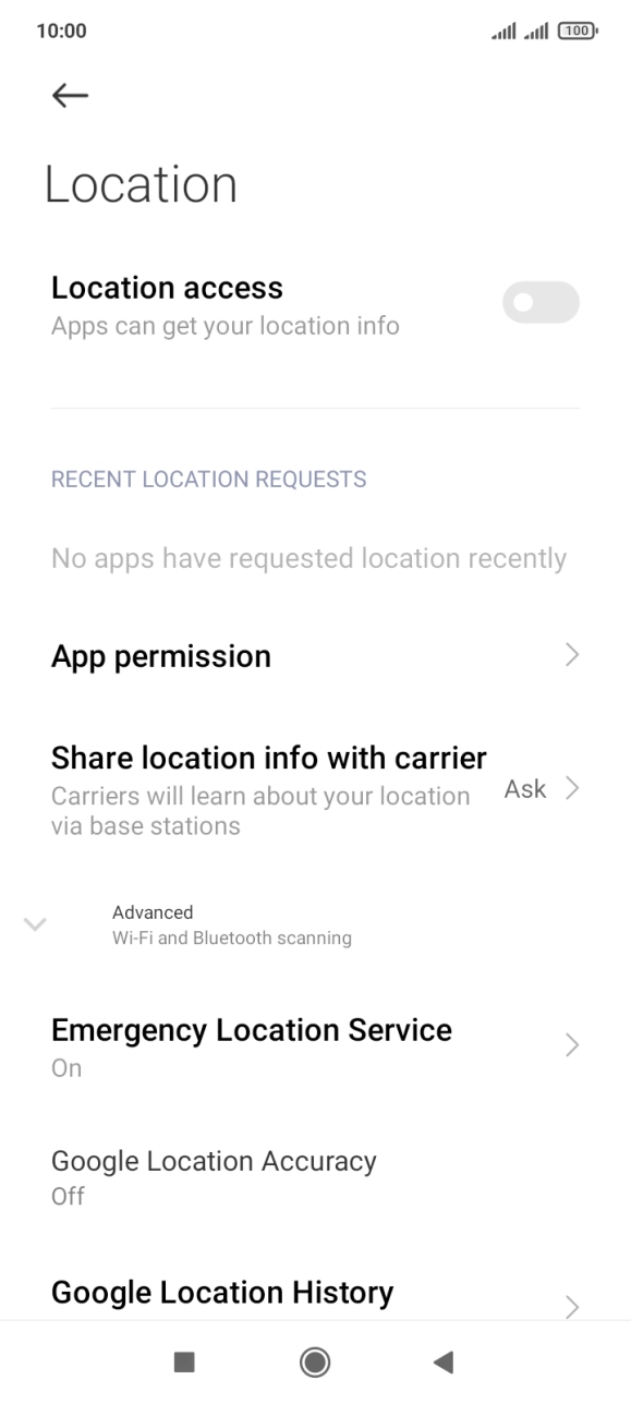 Press the indicator next to 'Location access' to turn the function on or off. Press the indicator next to 'Location access' to turn the function on or off.