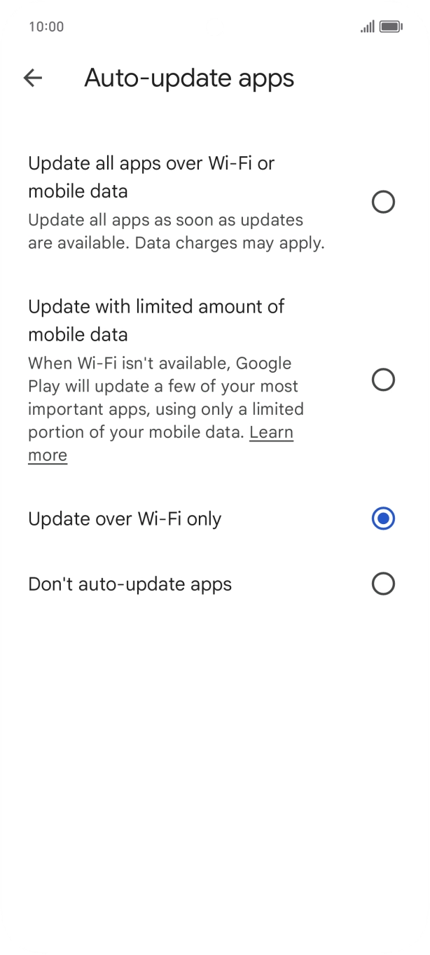 To turn on automatic update of apps using mobile network, press Update all apps over Wi-Fi or mobile data. To turn on automatic update of apps using mobile network, press Update all apps over Wi-Fi or mobile data.