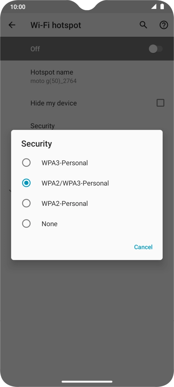 Press WPA3-Personal to password protect your WiFi hotspot. Press WPA3-Personal to password protect your WiFi hotspot.