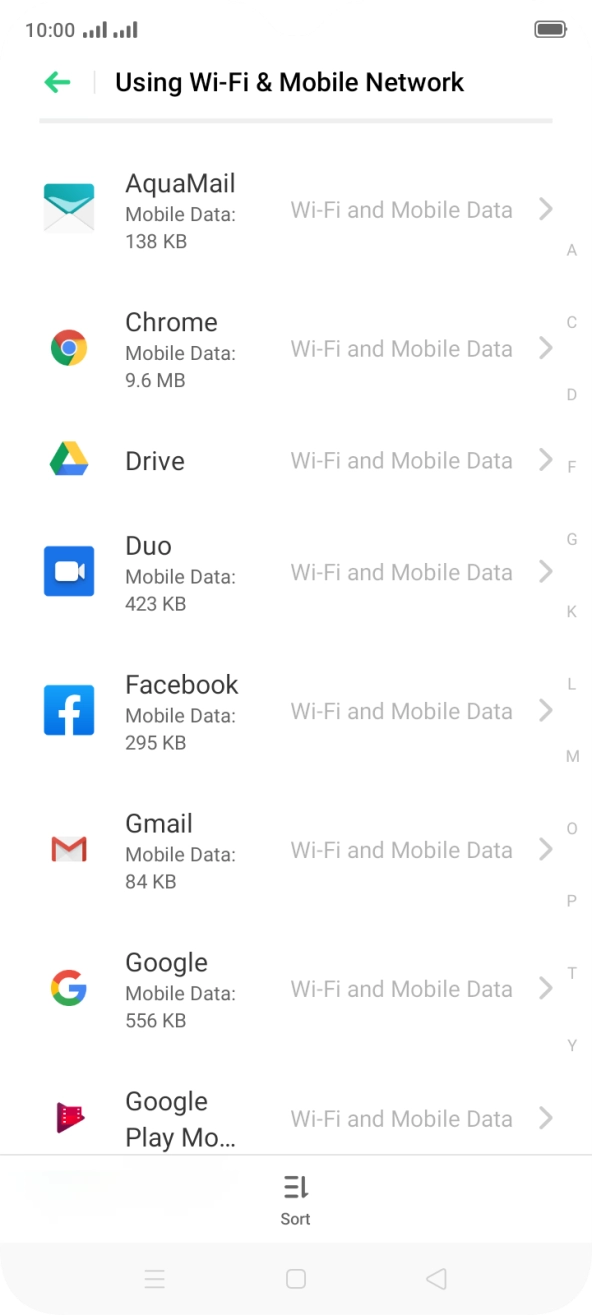 The data usage for each application is displayed below the name of the application.
