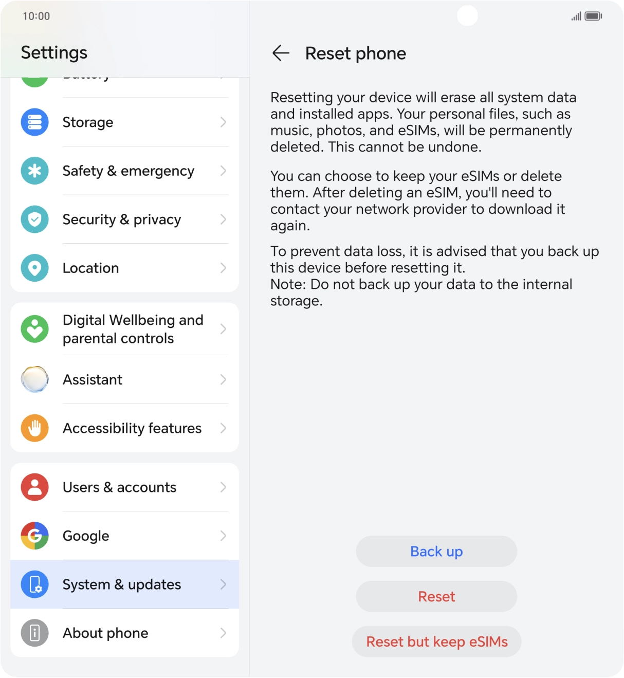 Press Reset. Wait a moment while the factory default settings are restored. Follow the instructions on the screen to set up your phone and prepare it for use.