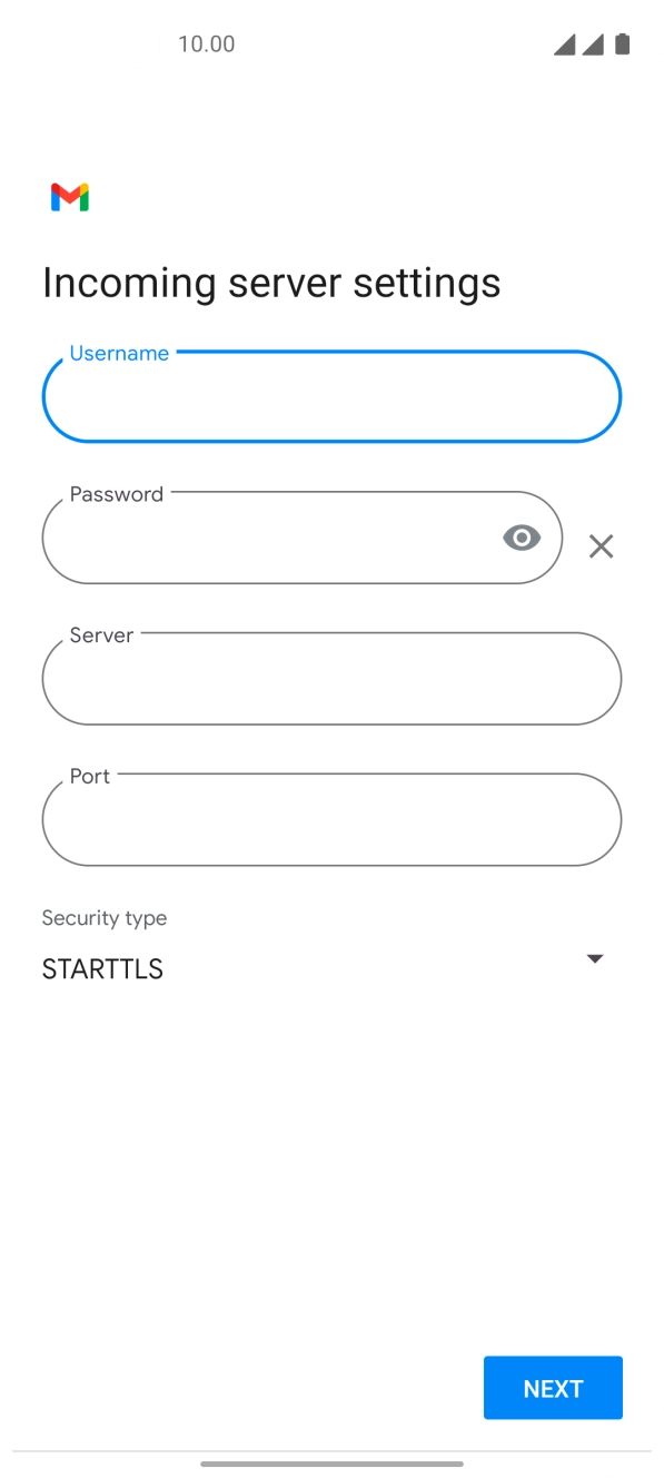 Press the field below 'Server' and key in the name of your email provider's incoming server. Press the field below 'Server' and key in the name of your email provider's incoming server.