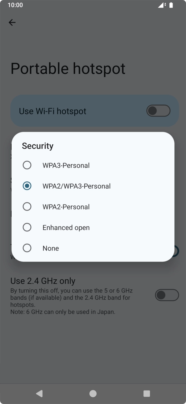 Press WPA3-Personal to password protect your WiFi hotspot. Press WPA3-Personal to password protect your WiFi hotspot.