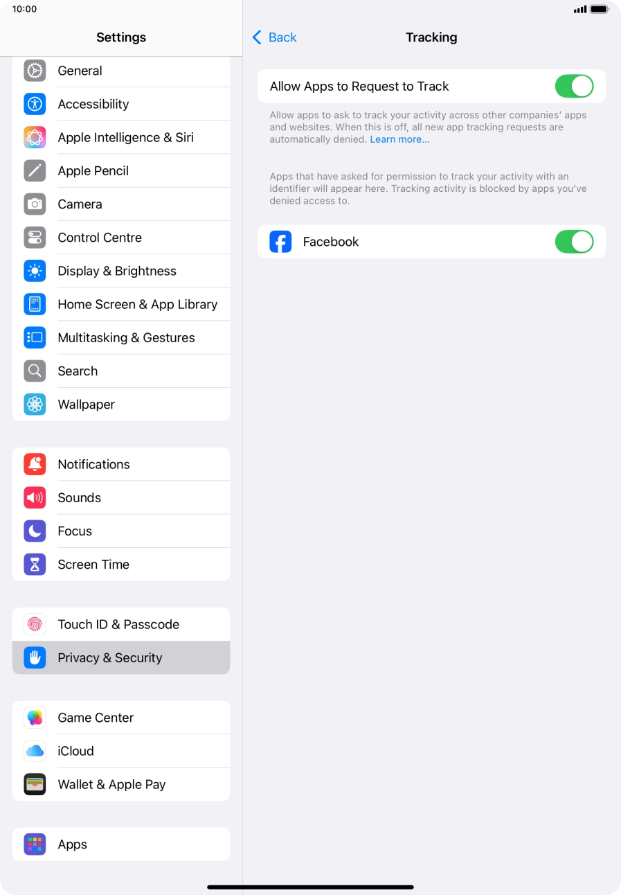 Press the indicator next to 'Allow Apps to Request to Track' to turn the function on or off.
