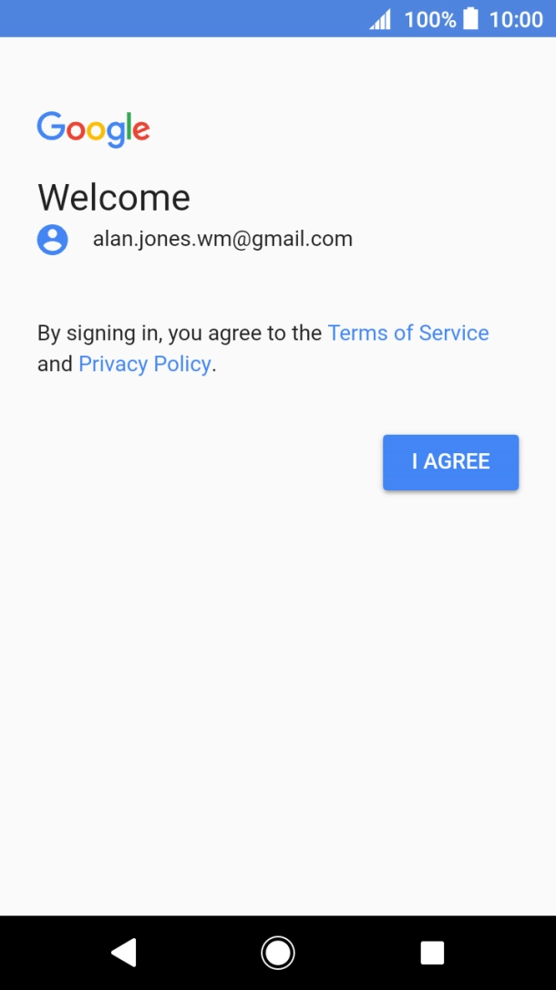 Press I AGREE and follow the instructions on the screen to select settings for your Google account.