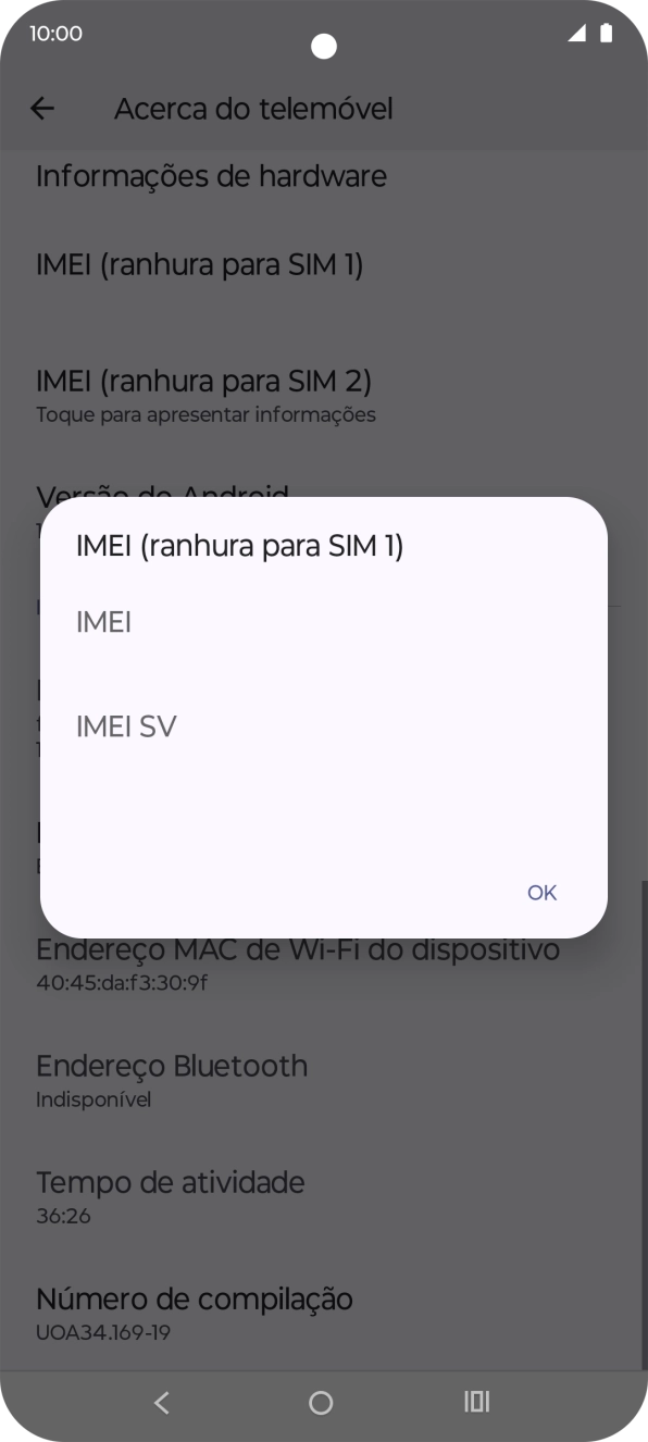 O código IMEI é mostrado no ecrã.
