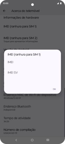 O código IMEI é mostrado no ecrã.