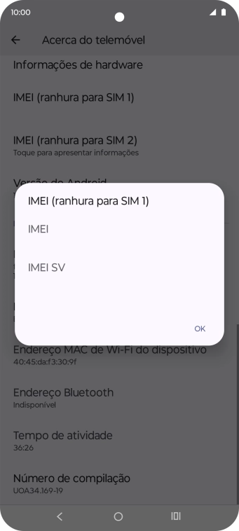 O código IMEI é mostrado no ecrã.