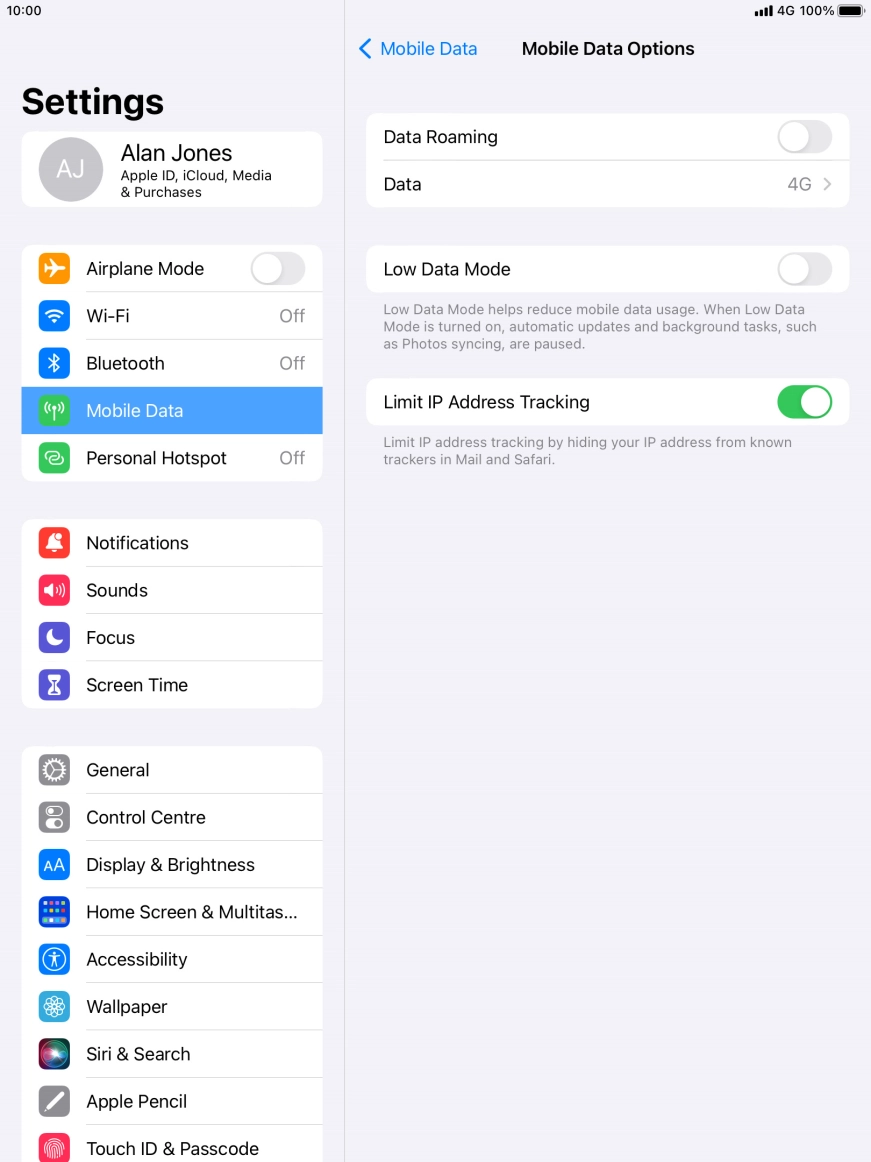 Press the indicator next to 'Low Data Mode' to turn the function on or off.
