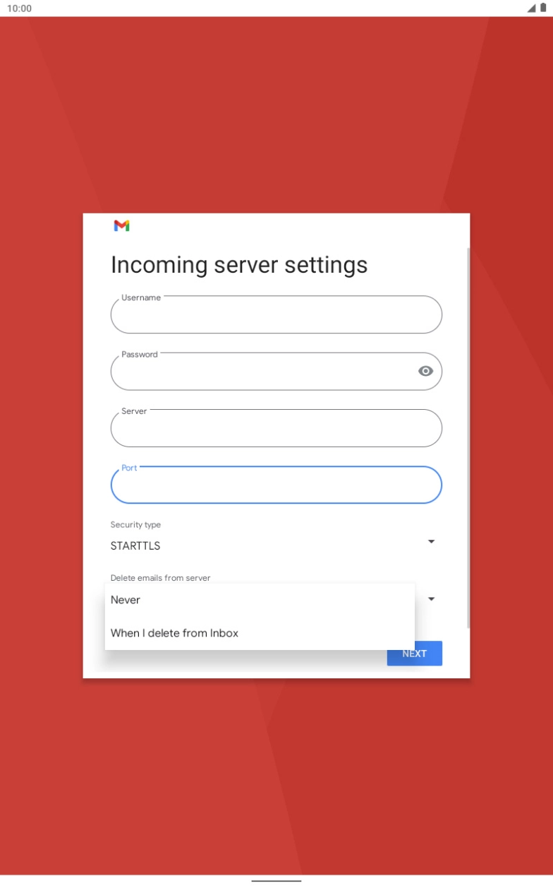 Press Never to keep emails on the server when you delete them on your tablet. Press Never to keep emails on the server when you delete them on your tablet.