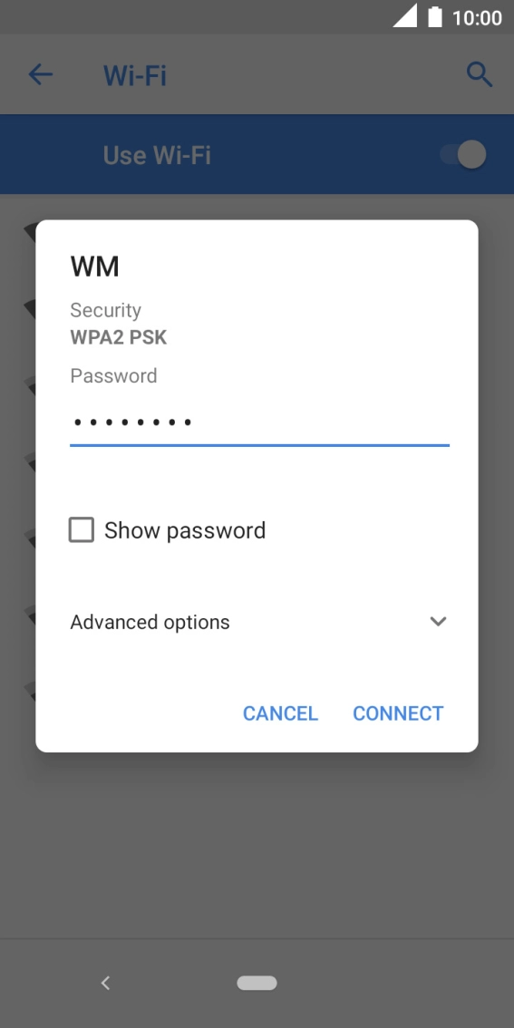 Key in the password for the WiFi network and press CONNECT.